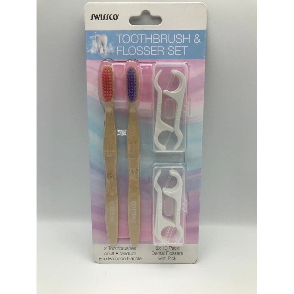 Swissco Toothbrush and Flosser Set 2 toothbrushes and 2 floss pack NEW